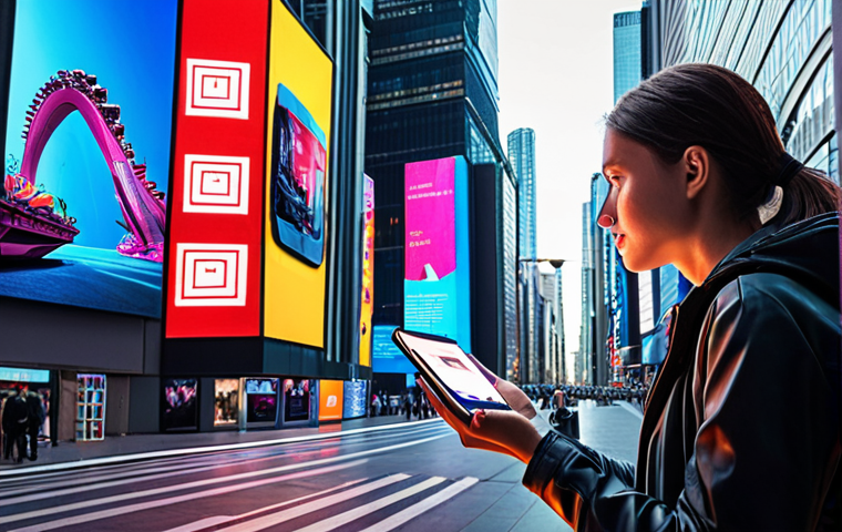 **
A vibrant, futuristic cityscape with skyscrapers displaying flexible OLED screens showcasing dynamic advertisements and interactive art installations. In the foreground, a person is using a foldable smartphone with a seamless display. The overall mood should be optimistic and innovative.
**